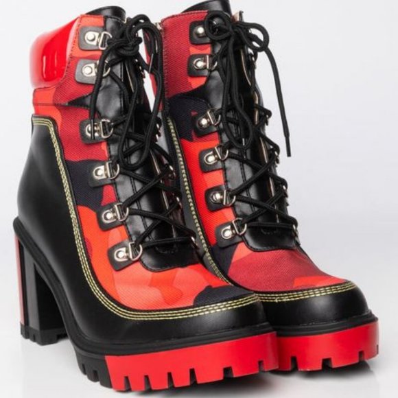 AZALEA WANG Shoes - AZALEA WANG HARD READY TO WAR CHUNKY HEEL BOOTIE IN RED CAMO